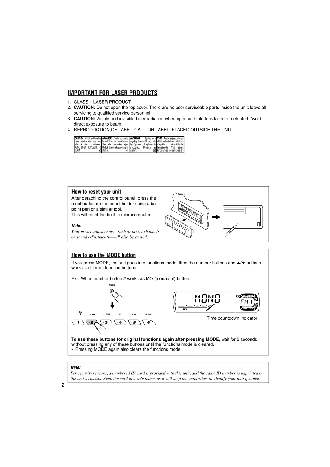 JVC KD-G502 manual How to reset your unit, How to use the Mode button, Pressing Mode again also clears the functions mode 