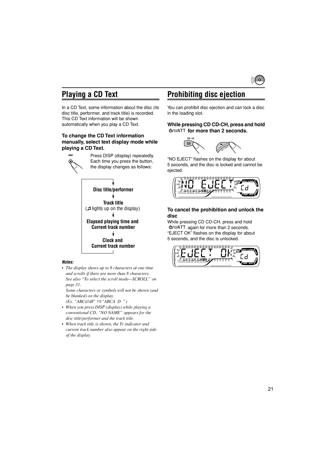 JVC KD-G502 manual Playing a CD Text Prohibiting disc ejection, Disc title/performer Track title 