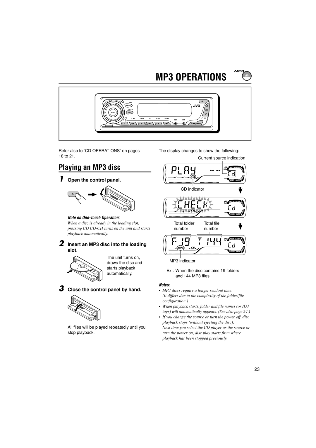 JVC KD-G502 manual MP3 Operations, Playing an MP3 disc, Insert an MP3 disc into the loading slot 