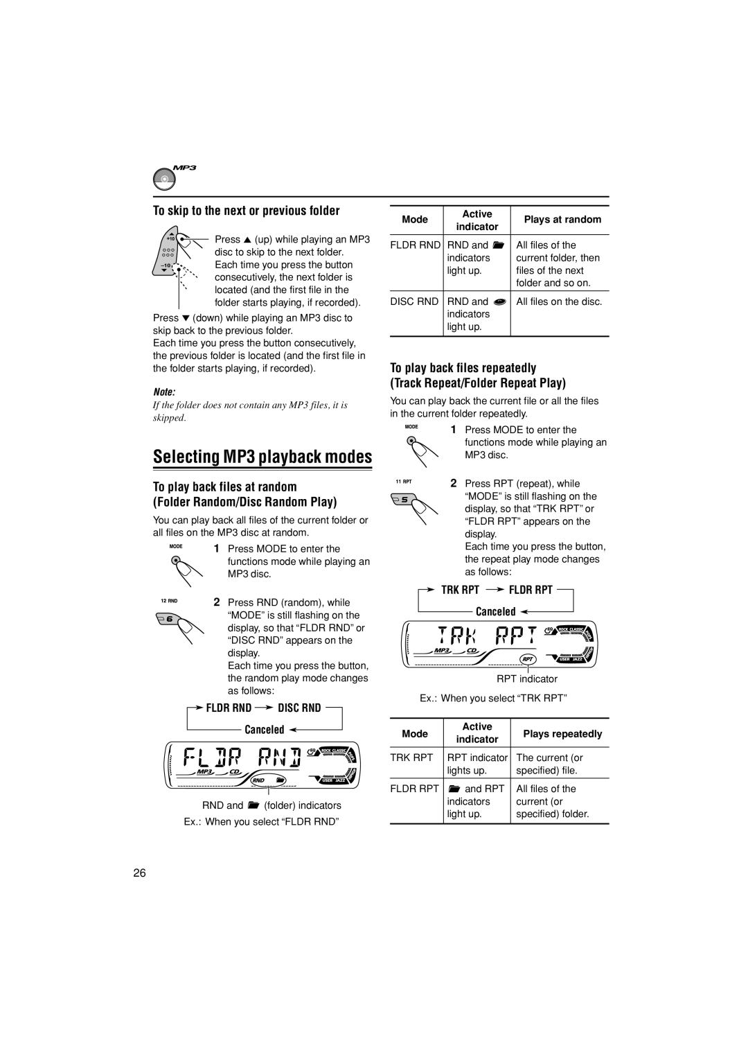 JVC KD-G502 manual Selecting MP3 playback modes, To skip to the next or previous folder, Canceled 