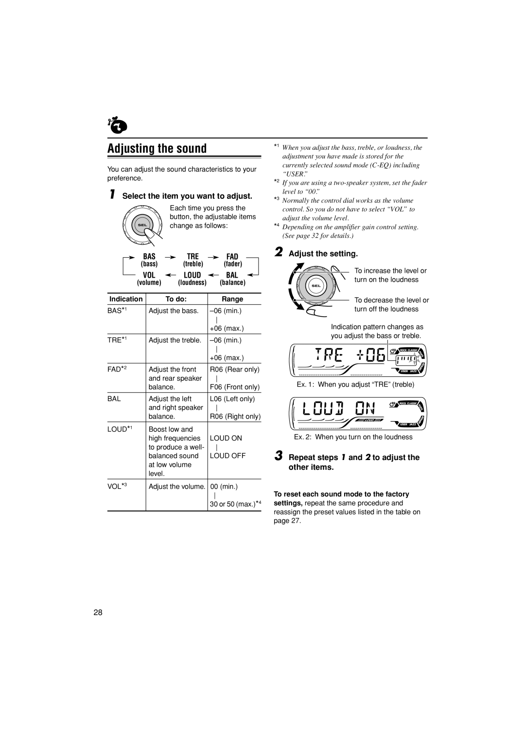 JVC KD-G502 manual Adjusting the sound, Select the item you want to adjust, Adjust the setting 