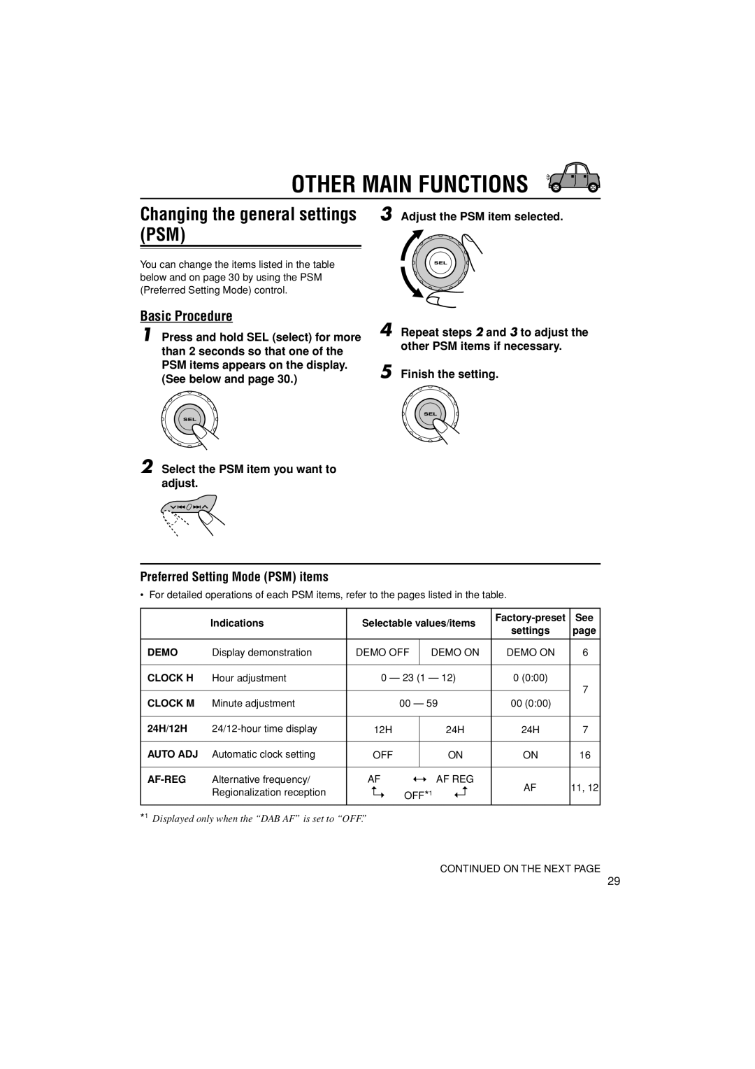 JVC KD-G502 Other Main Functions, Changing the general settings PSM, Basic Procedure, Preferred Setting Mode PSM items 