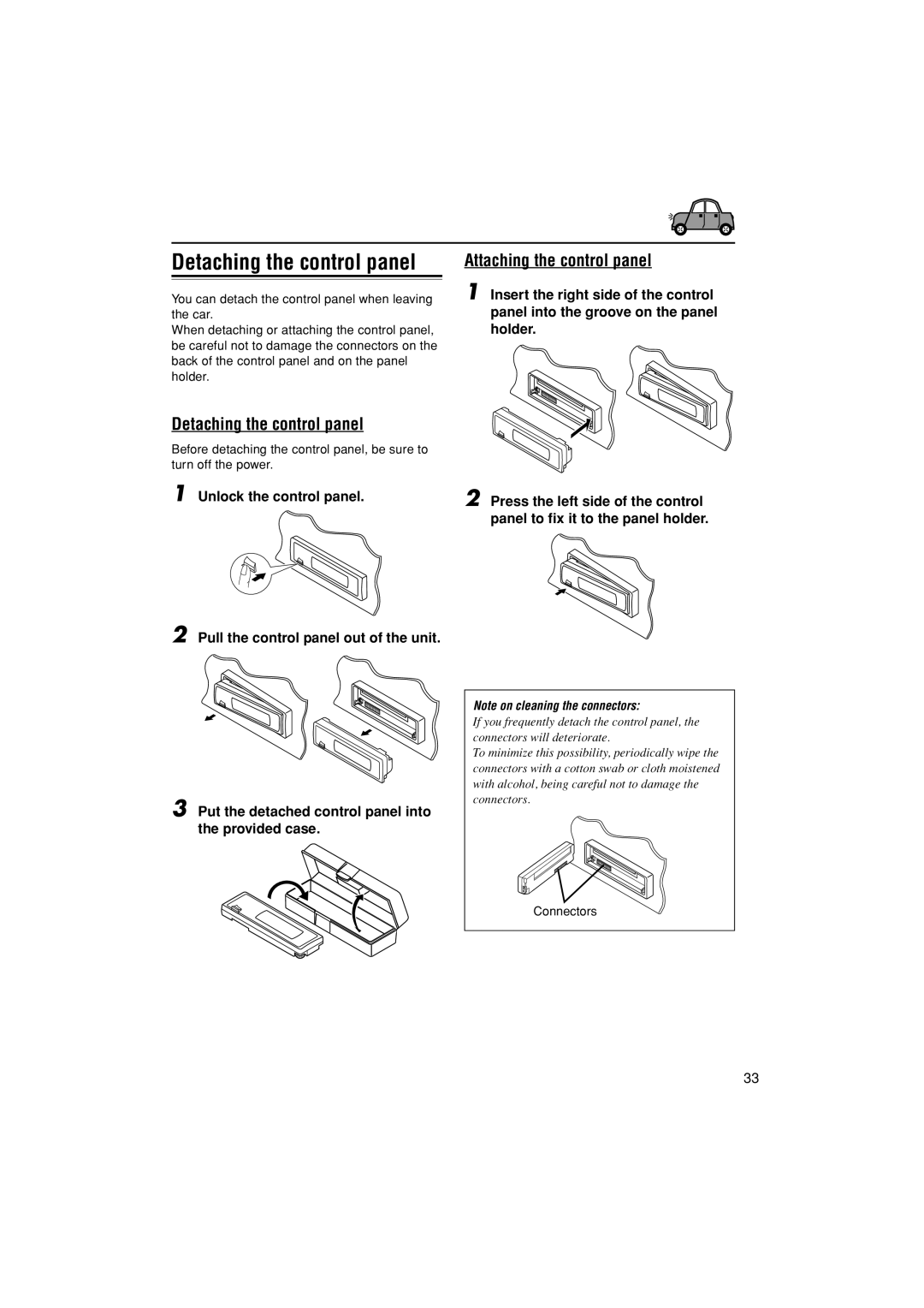 JVC KD-G502 manual Detaching the control panel, Attaching the control panel, Connectors 