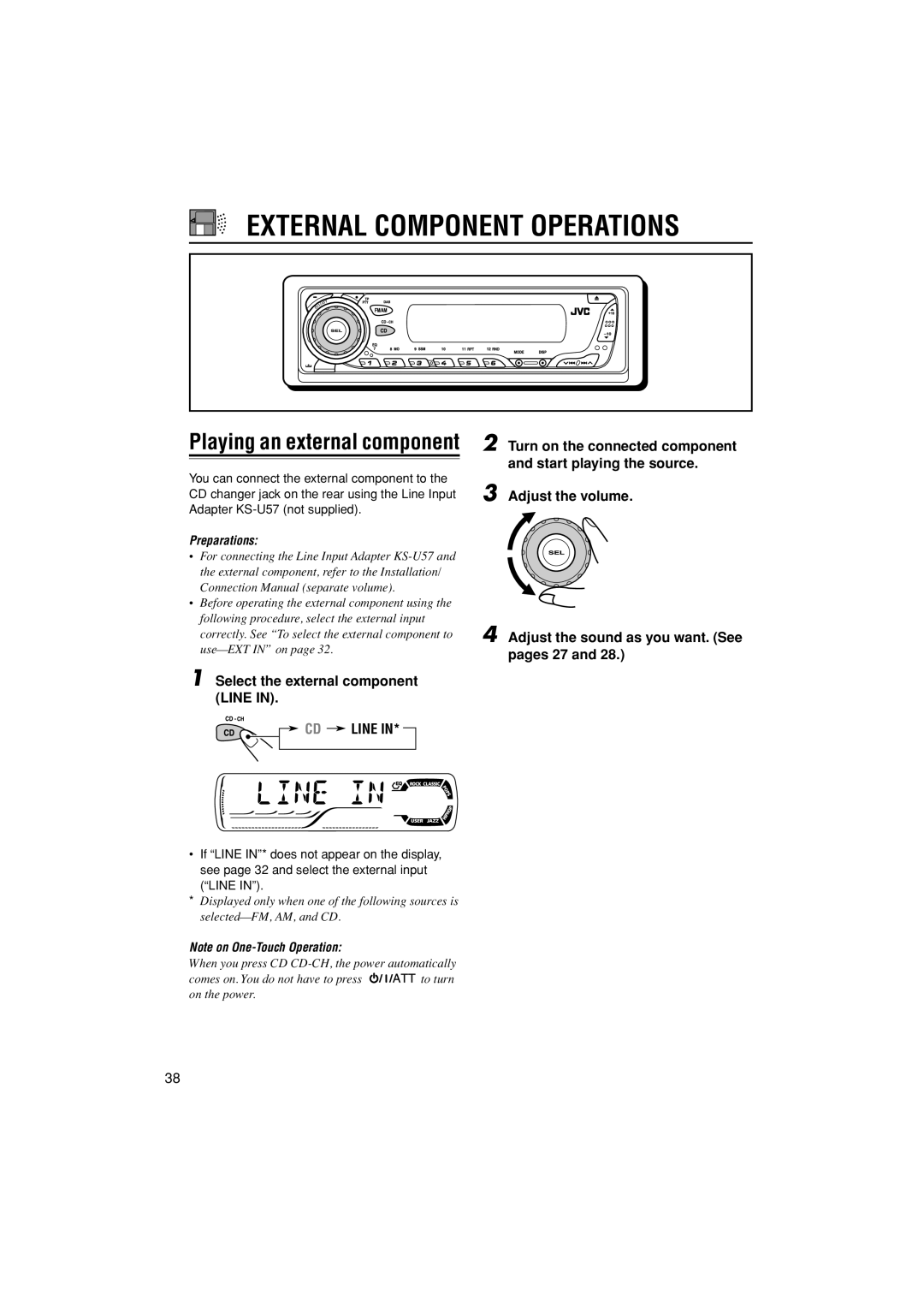 JVC KD-G502 manual External Component Operations, Playing an external component, Select the external component Line 