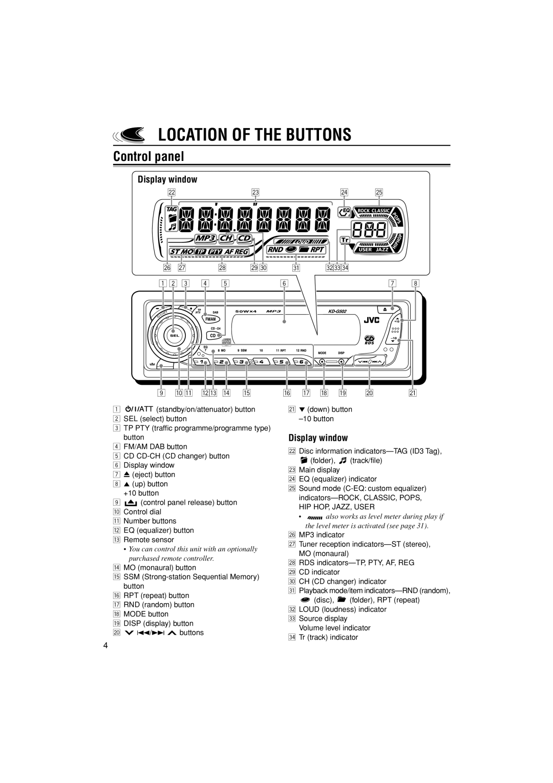 JVC KD-G502 manual Location of the Buttons, Control panel, Display window, ∞ down button Button 