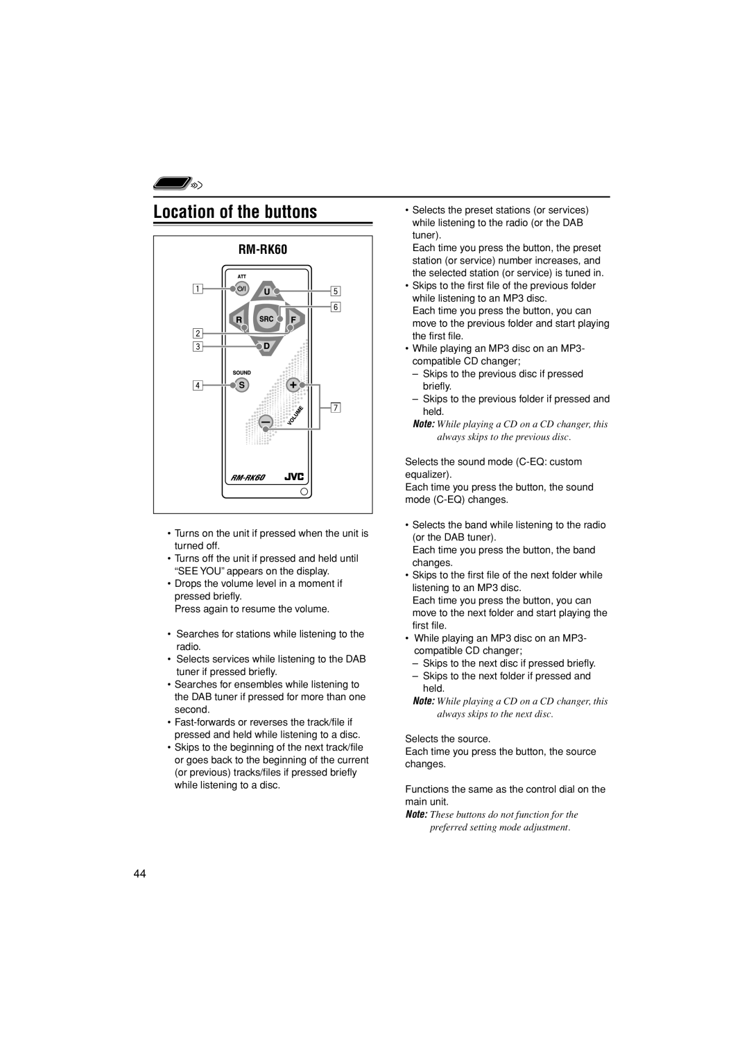 JVC KD-G502 manual Location of the buttons, RM-RK60 