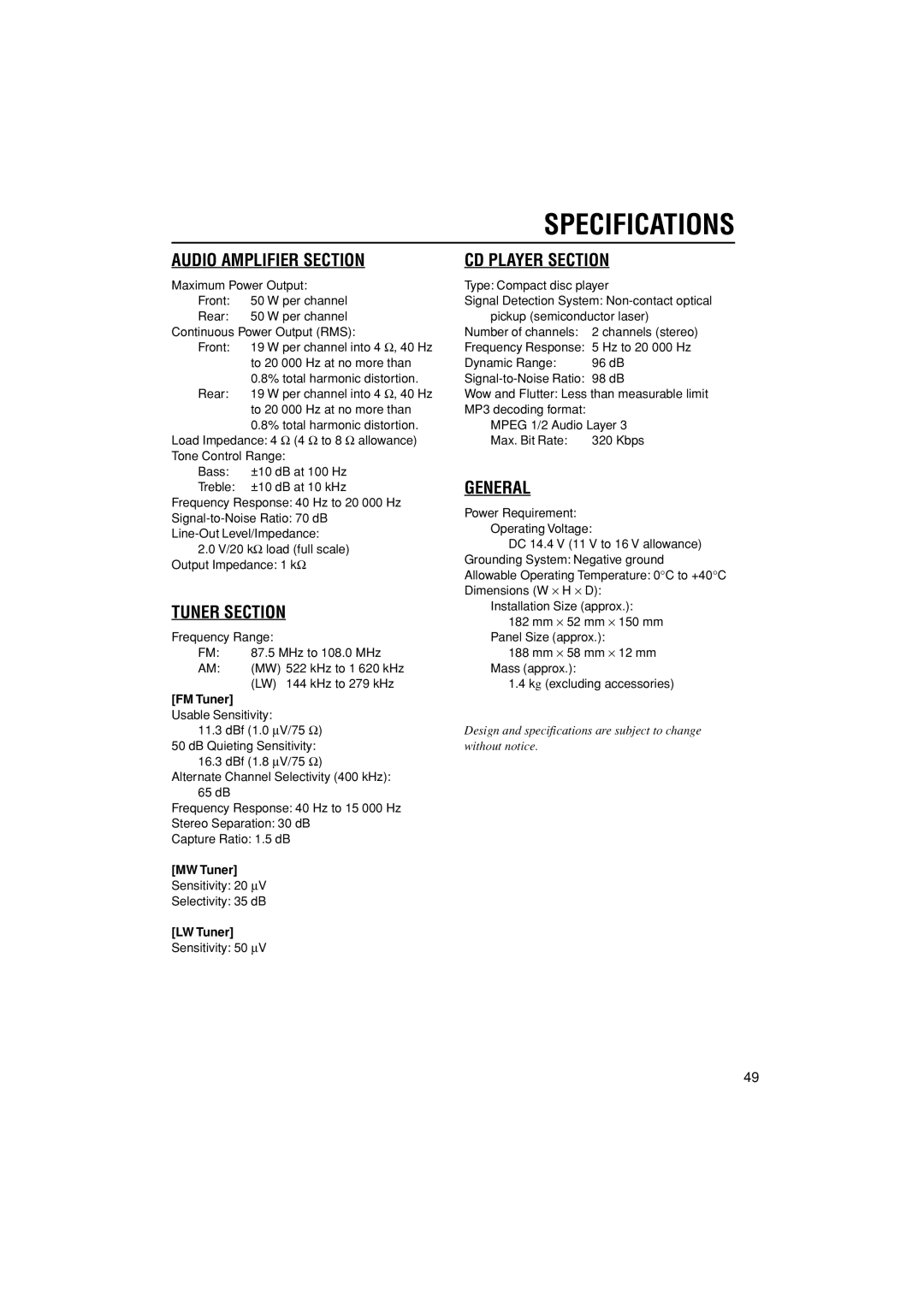 JVC KD-G502 manual Specifications, FM Tuner, MW Tuner, LW Tuner 