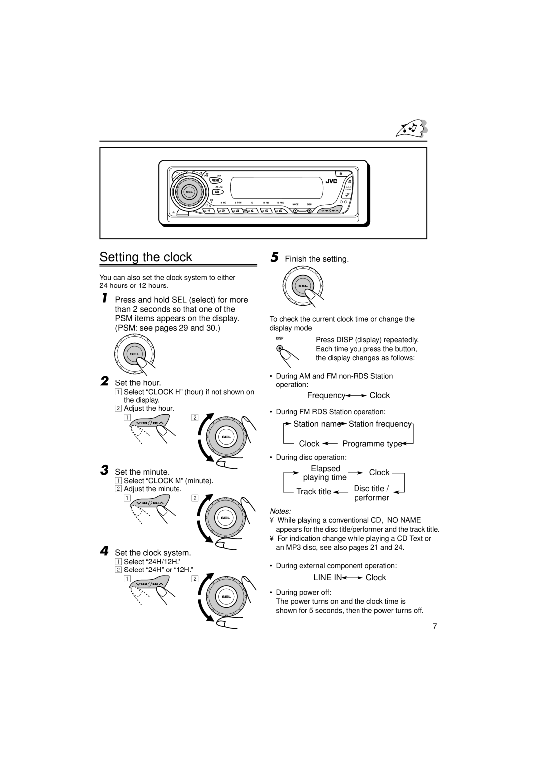 JVC KD-G502 manual Setting the clock 