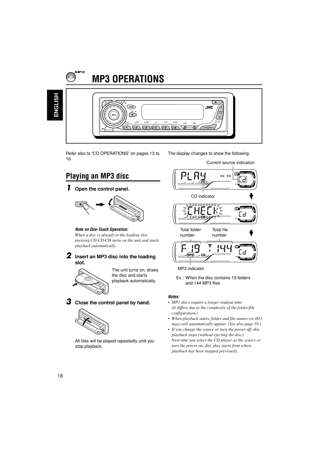 JVC KD-G505 manual MP3 Operations, Playing an MP3 disc, Insert an MP3 disc into the loading slot 