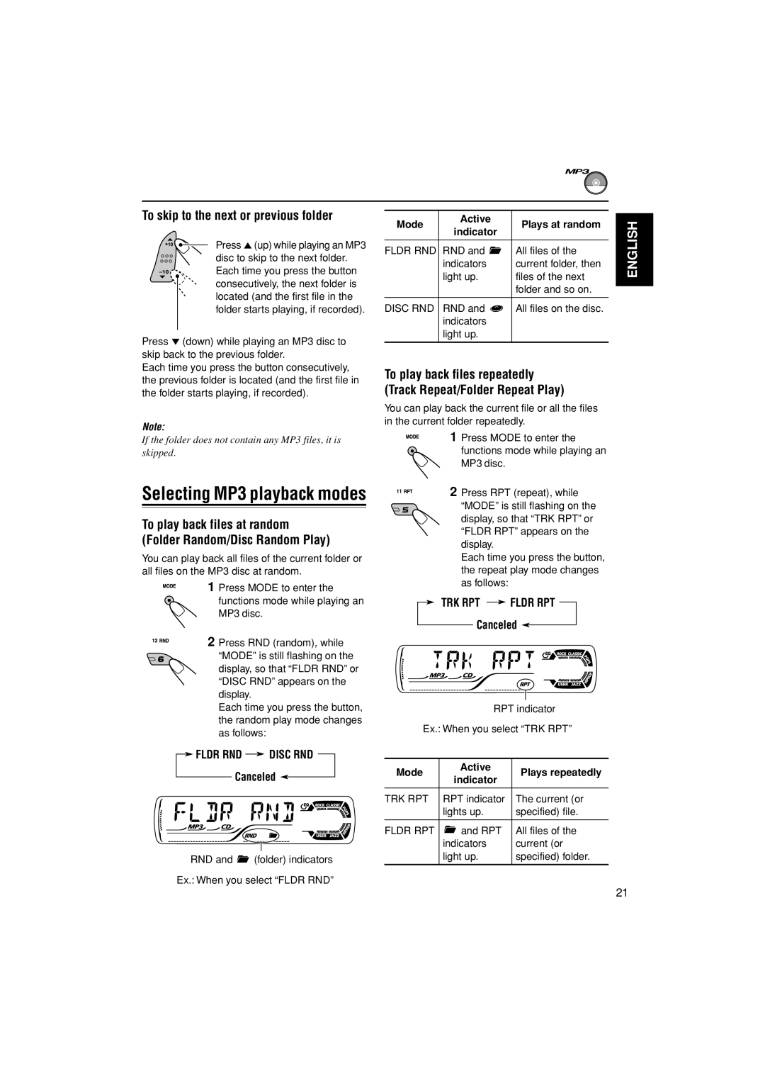 JVC KD-G505 manual Selecting MP3 playback modes, To skip to the next or previous folder, Canceled 