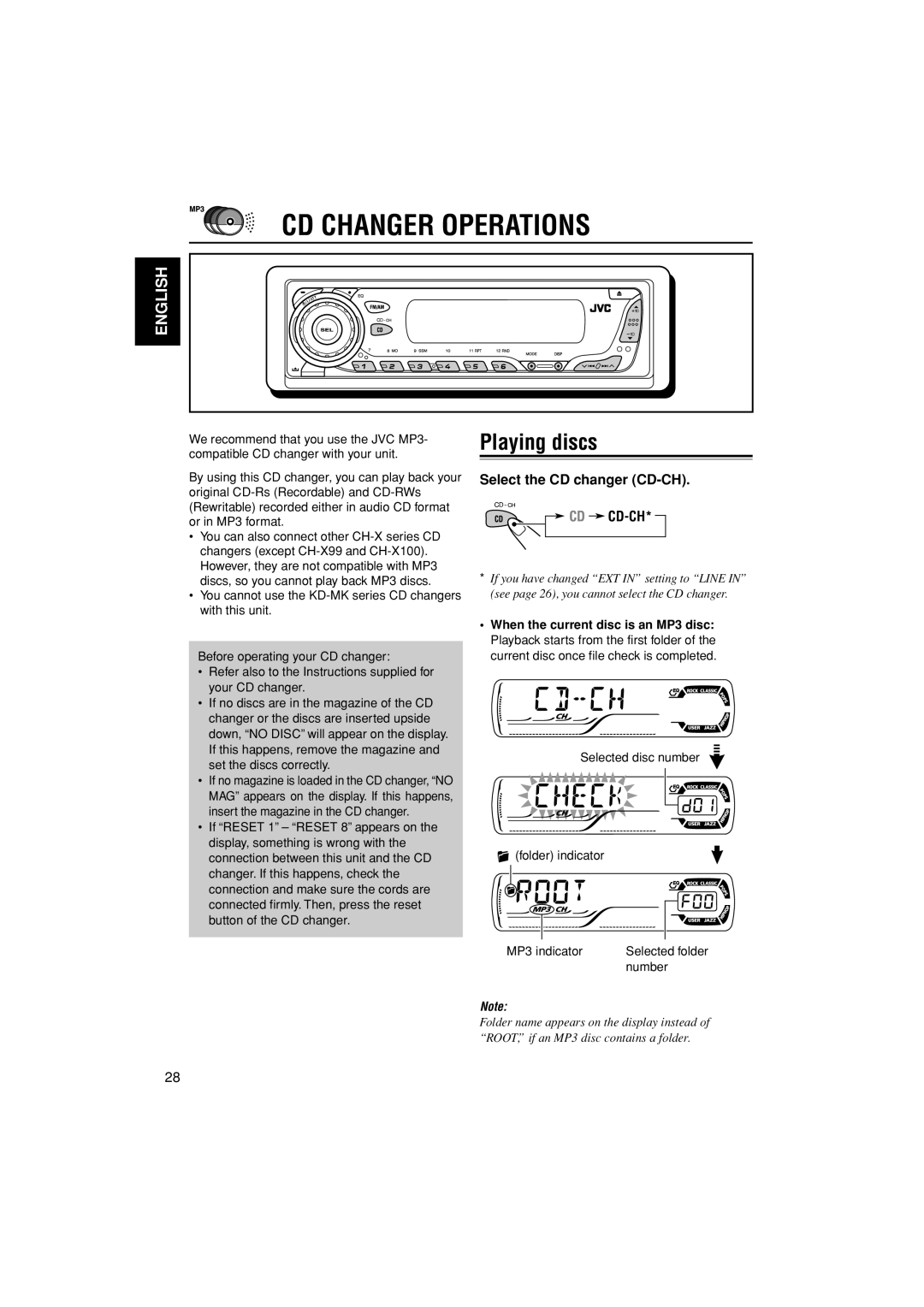 JVC KD-G505 manual CD Changer Operations, Playing discs, Select the CD changer CD-CH CD CD-CH 