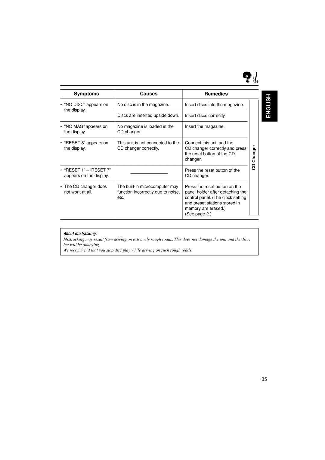 JVC KD-G505 manual CDChanger, About mistracking 