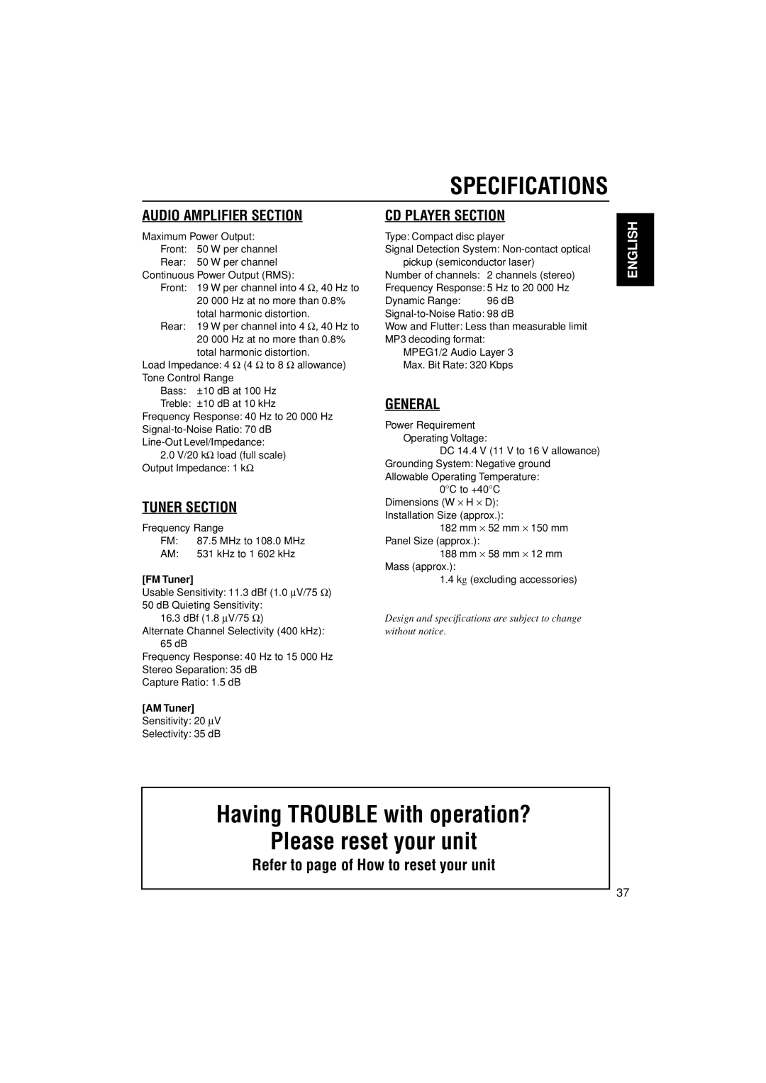 JVC KD-G505 manual Specifications, Frequency Range MHz to 108.0 MHz KHz to 1 602 kHz, FM Tuner, AM Tuner 