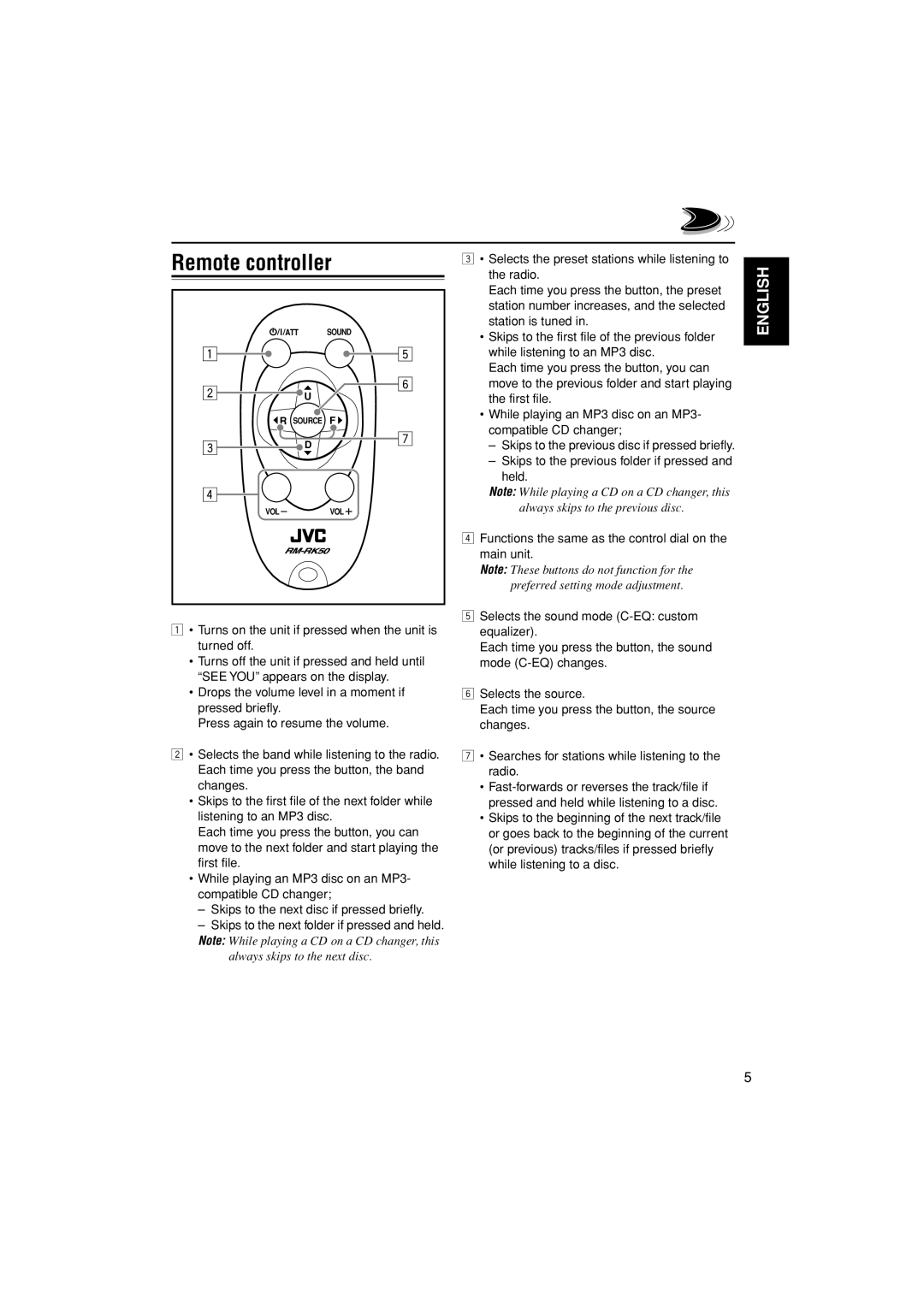 JVC KD-G505 manual Remote controller 