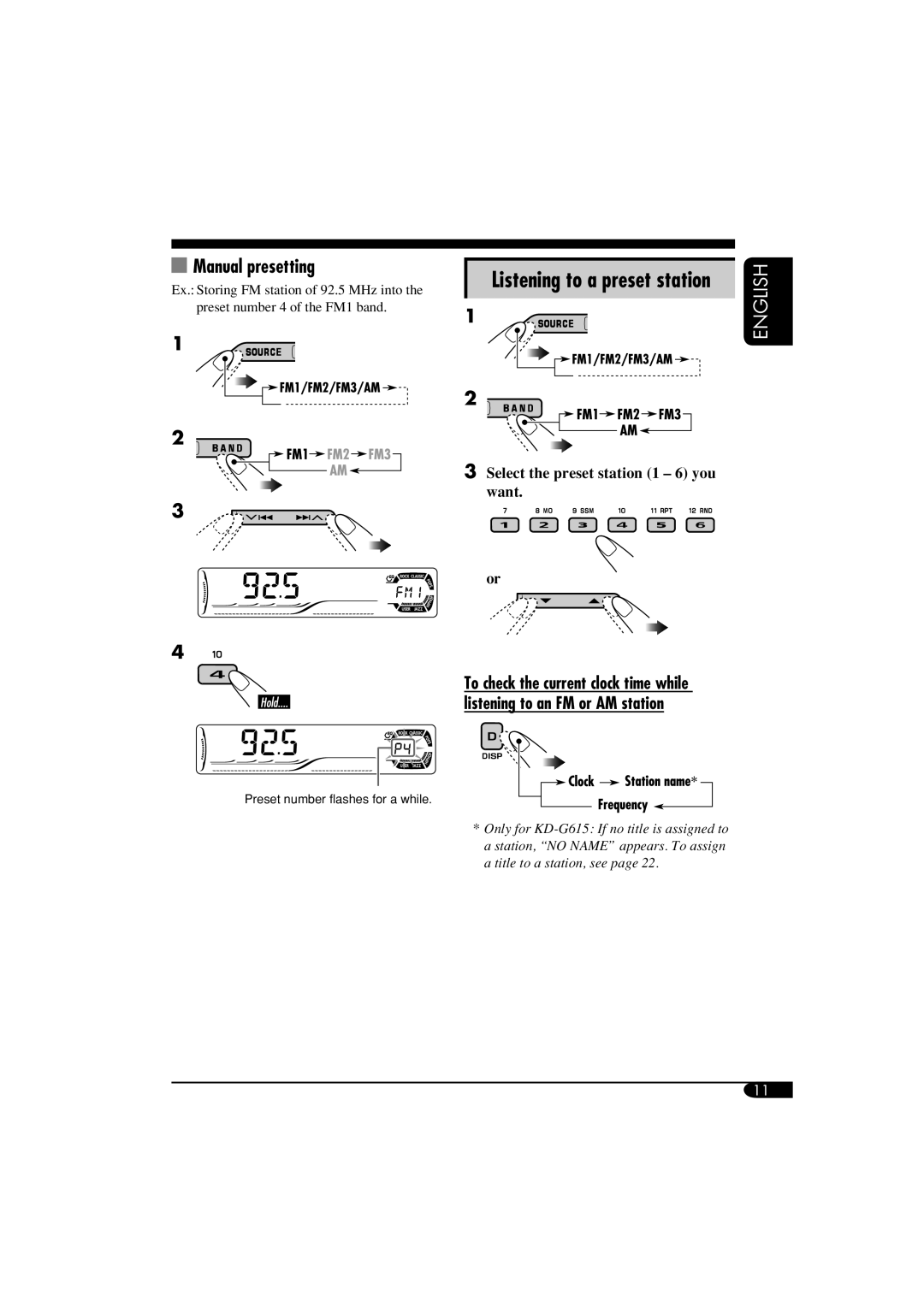 JVC KD-G515 manual Manual presetting, Listening to a preset station 