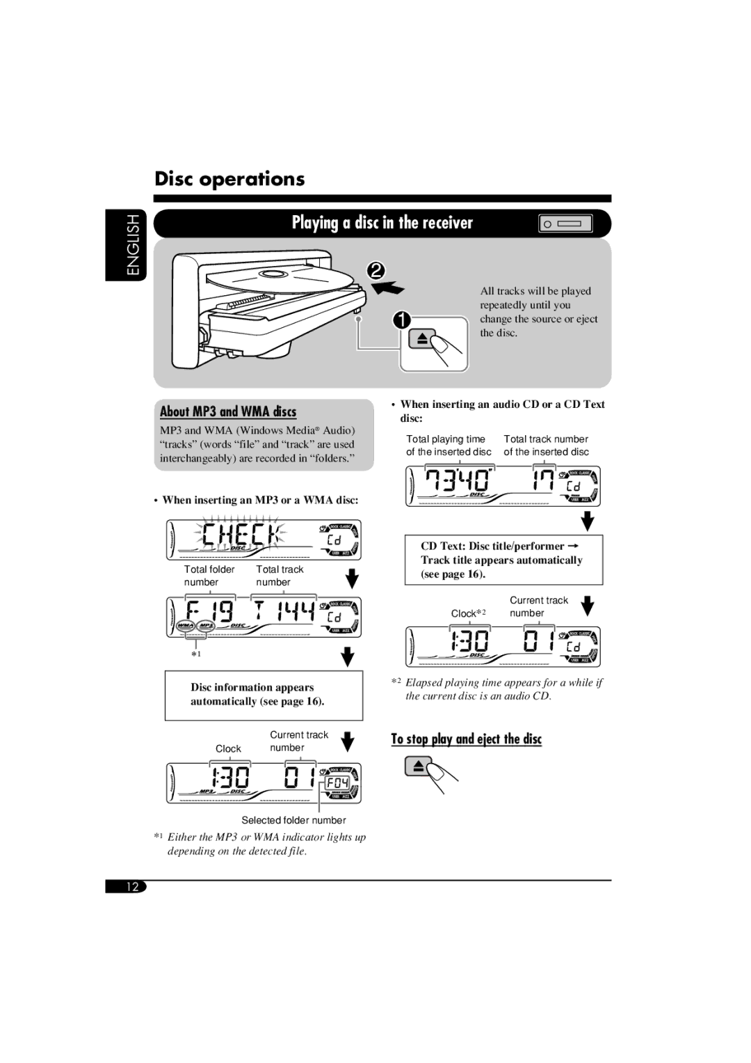 JVC KD-G515 manual Disc operations, About MP3 and WMA discs, To stop play and eject the disc 