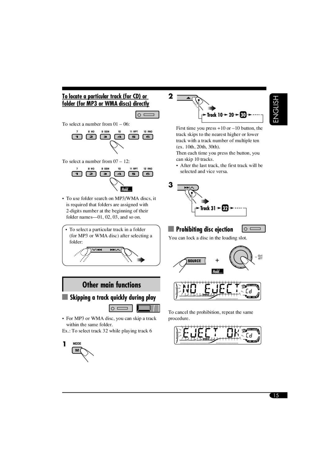 JVC KD-G515 manual Other main functions, Prohibiting disc ejection, Skipping a track quickly during play 