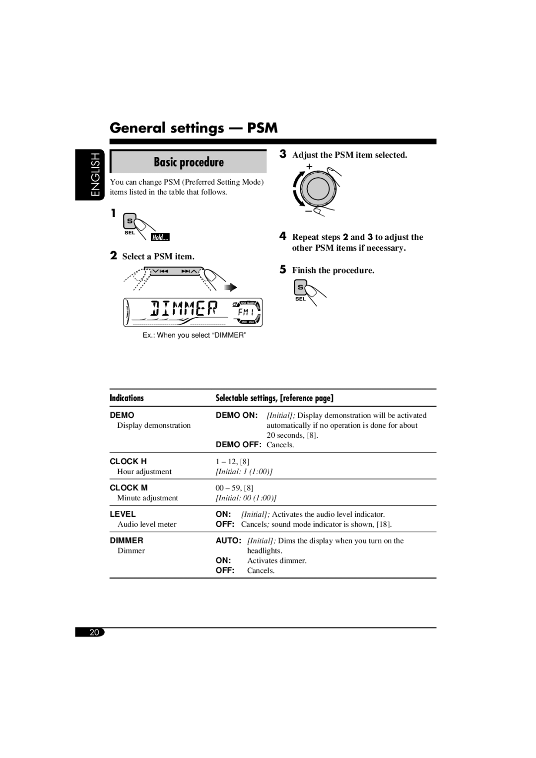 JVC KD-G515 manual General settings PSM, Basic procedure 