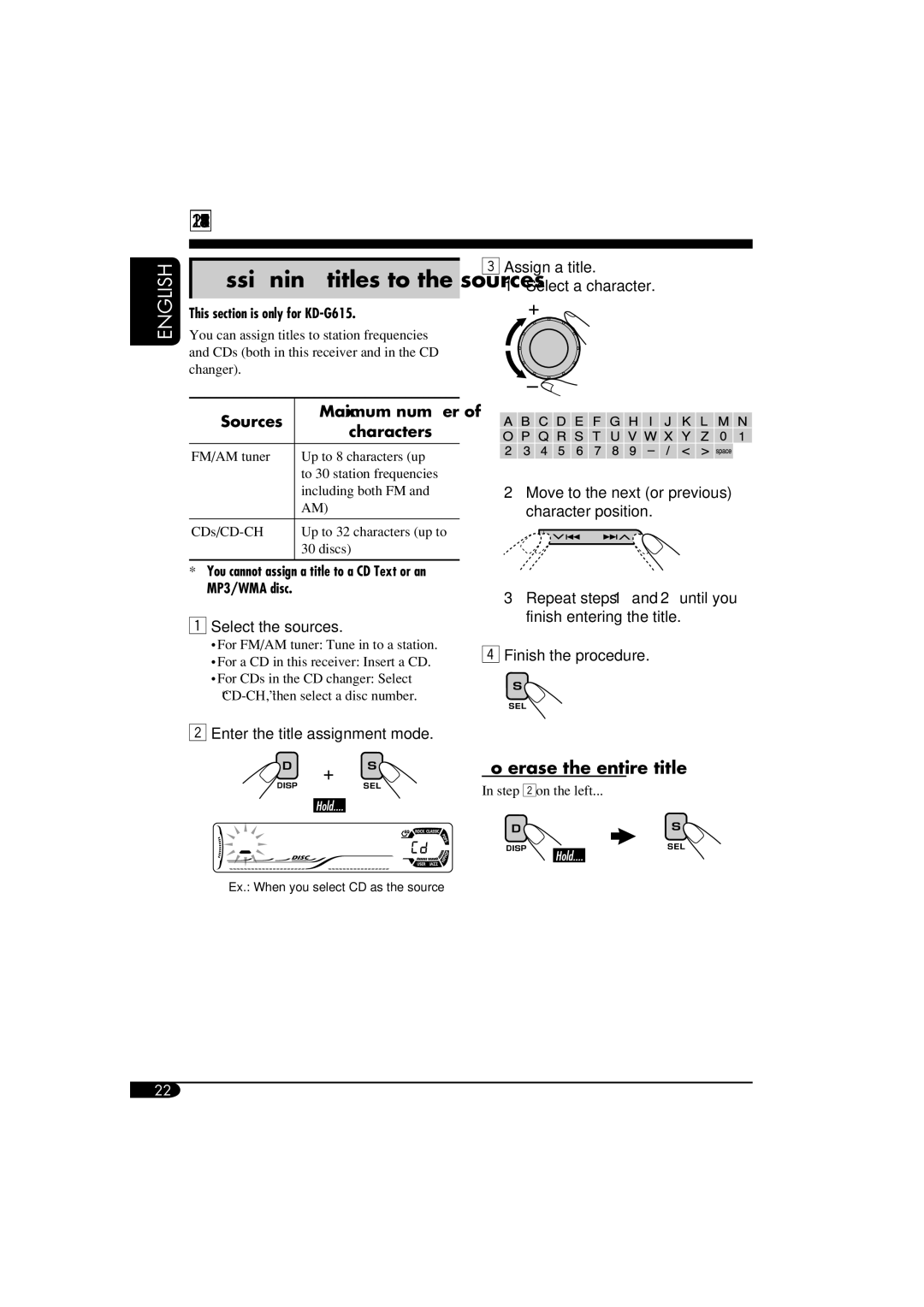 JVC KD-G515 manual Other main functions, Assigning titles to the sources, Sources, Characters 