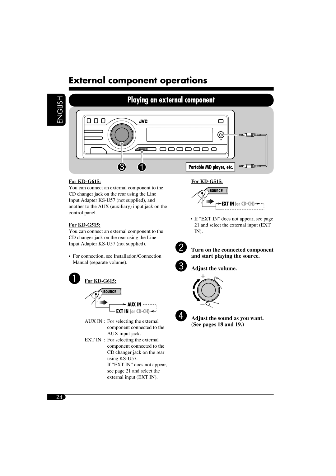 JVC KD-G515 manual External component operations, Playing an external component 