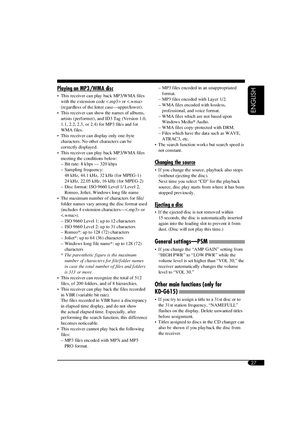 JVC KD-G515 manual Playing an MP3/WMA disc, Changing the source, Ejecting a disc, General settings-PSM 