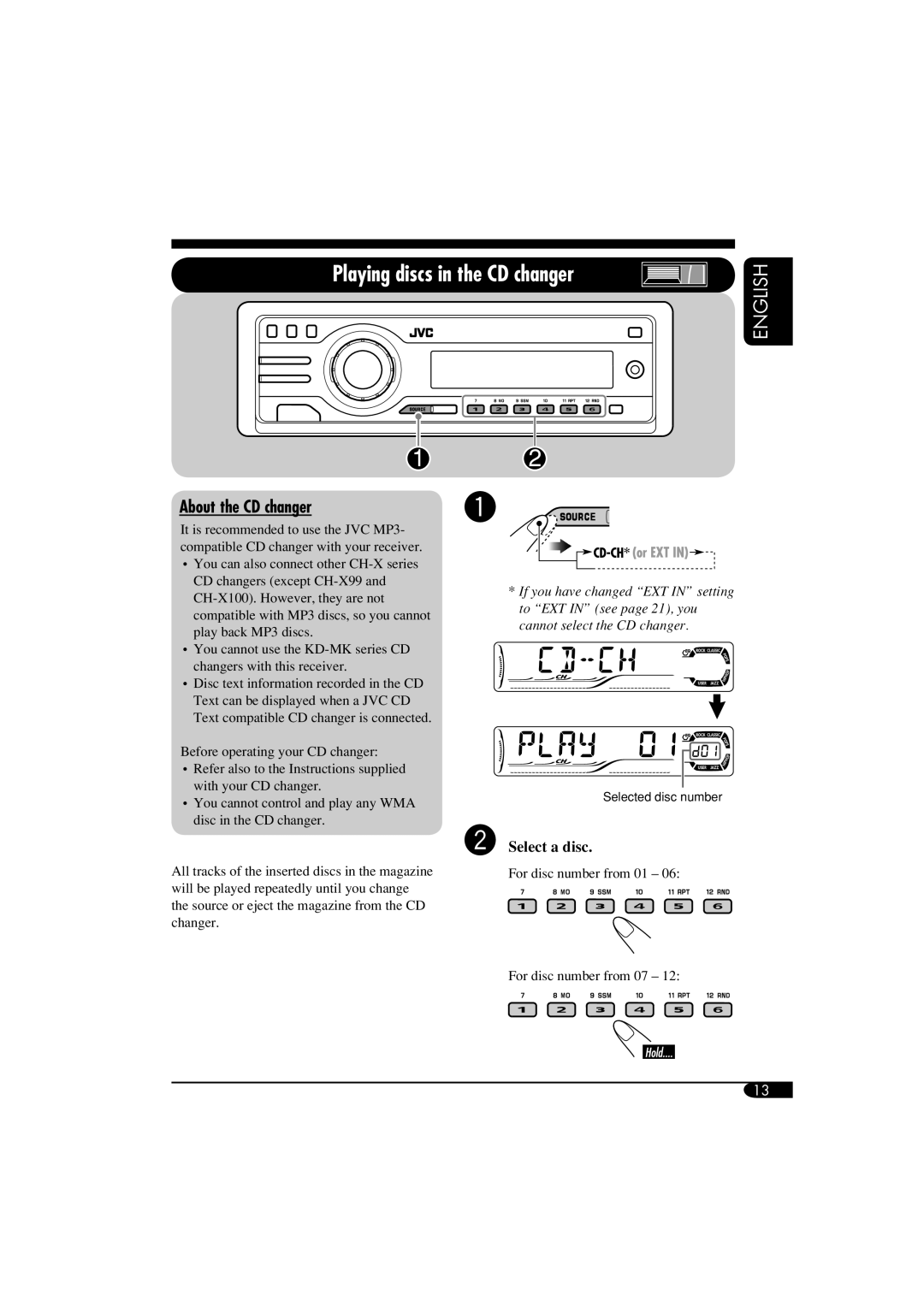 JVC KD-G515 manual Playing discs in the CD changer, About the CD changer, English, ŸSelect a disc 