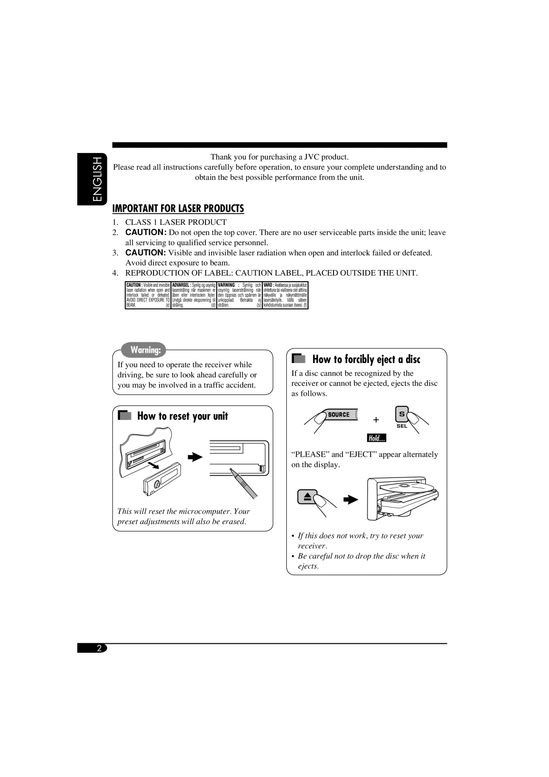 JVC KD-G515 manual How to forcibly eject a disc, How to reset your unit, Important For Laser Products, English 