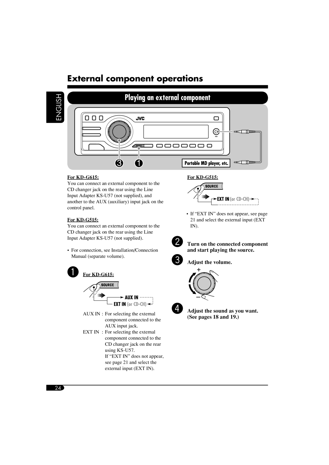 JVC KD-G515 manual External component operations, Playing an external component, English, Adjust the volume, For KD-G615 