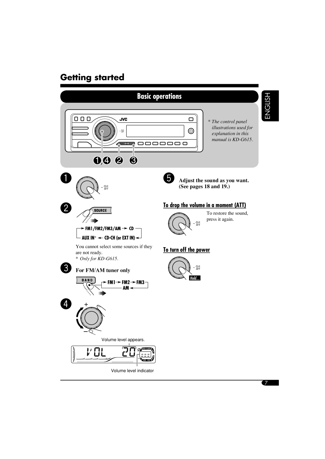 JVC KD-G515 manual Getting started, Basic operations, To drop the volume in a moment ATT, To turn off the power, English 