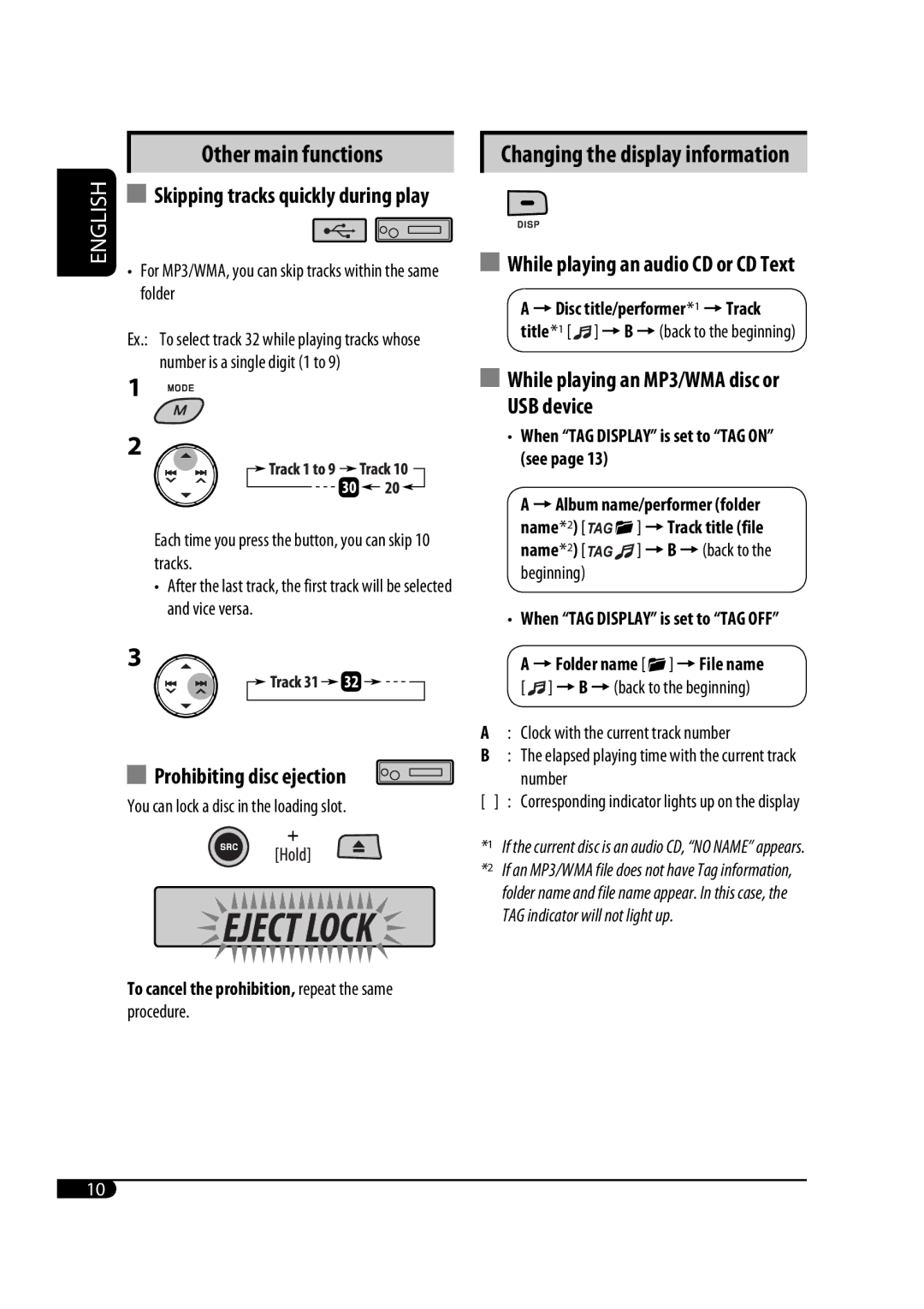 JVC KD-G645, KD-G646 manual Other main functions, Prohibiting disc ejection, Changing the display information 