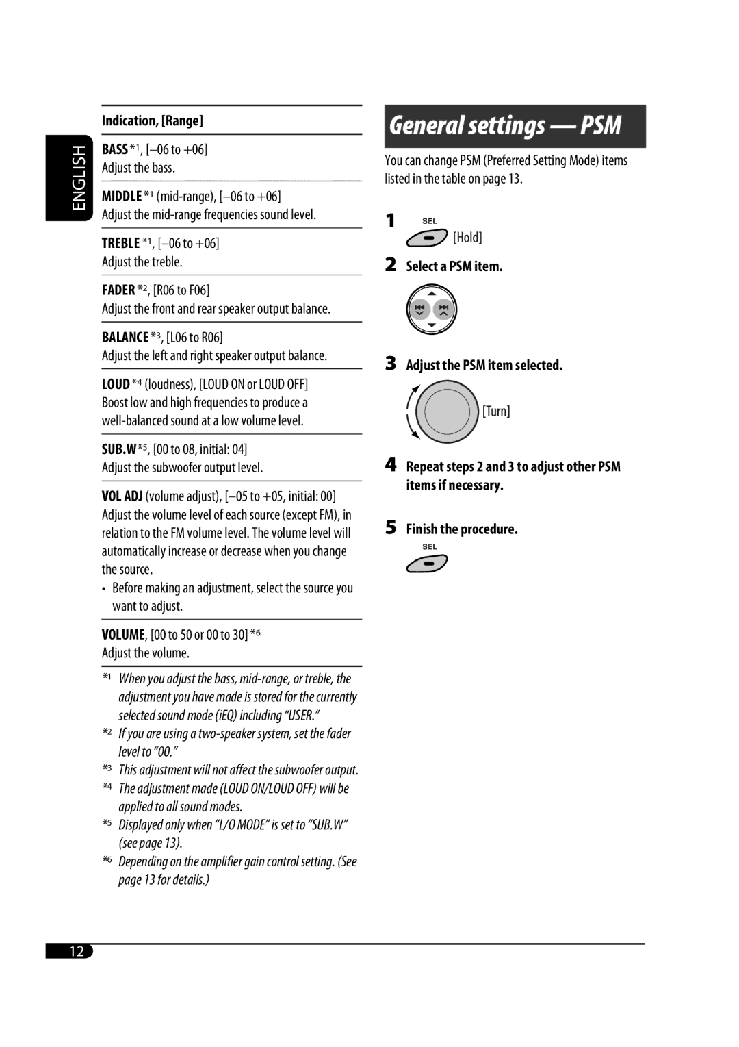 JVC KD-G645, KD-G646 manual Indication, Range, Select a PSM item Adjust the PSM item selected, Finish the procedure 