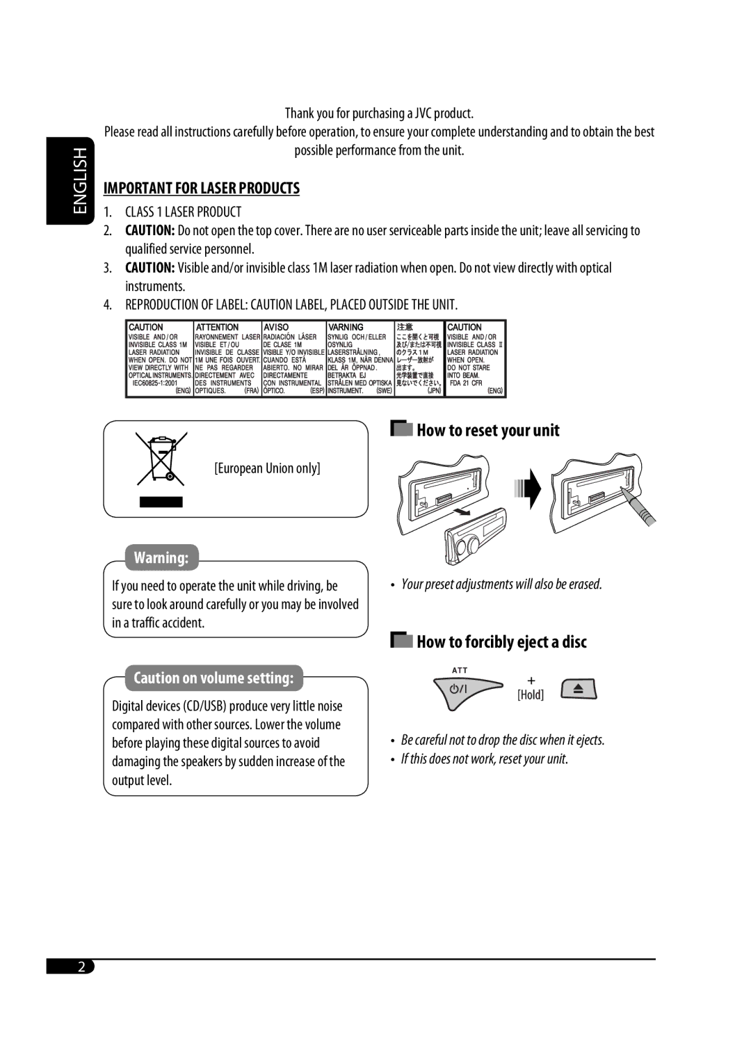 JVC KD-G645, KD-G646 manual How to reset your unit, How to forcibly eject a disc, Thank you for purchasing a JVC product 