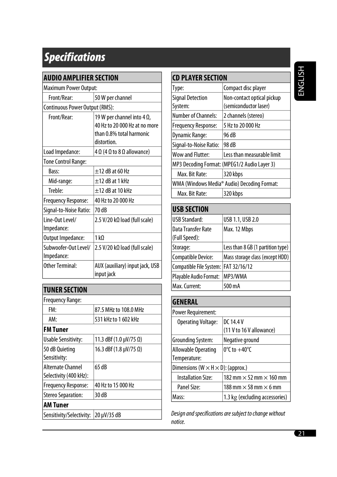 JVC KD-G646, KD-G645 manual Specifications, FM Tuner, AM Tuner 