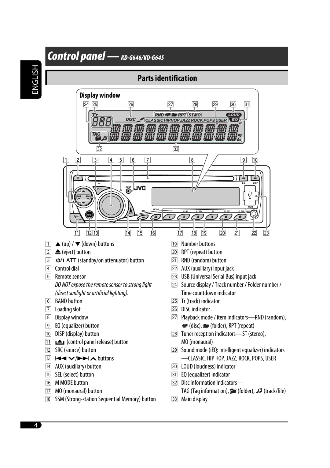 JVC manual Control panel KD-G646/KD-G645, Parts identification, Display window 