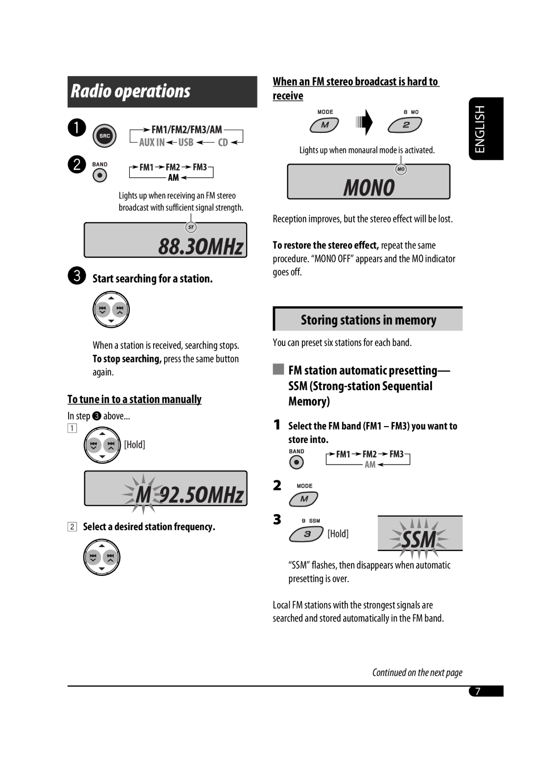 JVC KD-G646 Radio operations, Storing stations in memory, Start searching for a station, To tune in to a station manually 