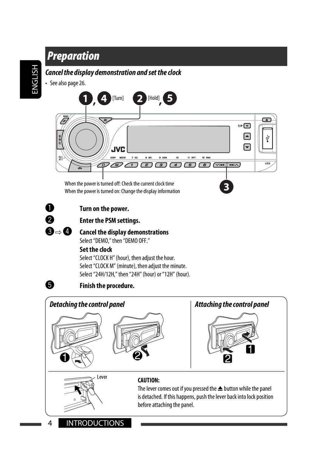 JVC KD-G731 Preparation, Cancel the display demonstration and set the clock, Detaching the control panel, Set the clock 