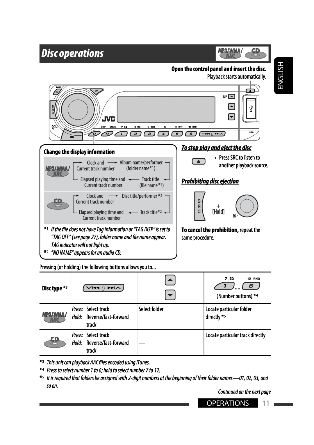 JVC KD-G731 Disc operations, To stop play and eject the disc, Prohibiting disc ejection, Disc type *3, English, Operations 