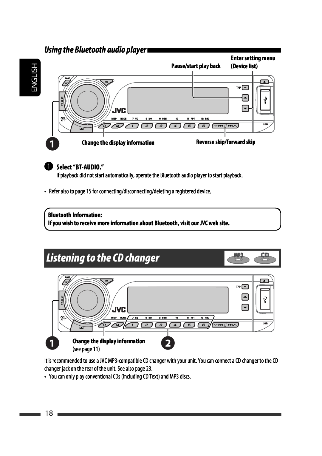JVC KD-G731 manual Listening to the CD changer, Using the Bluetooth audio player, ~Select “BT-AUDIO.”, Device list, English 