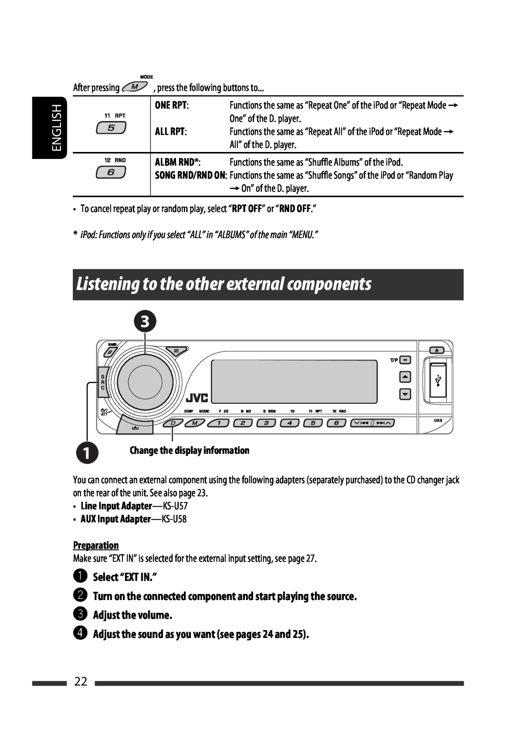 JVC KD-G731 Listening to the other external components, ~Select “EXT IN.”, Adjust the volume, Line Input Adapter-KS-U57 