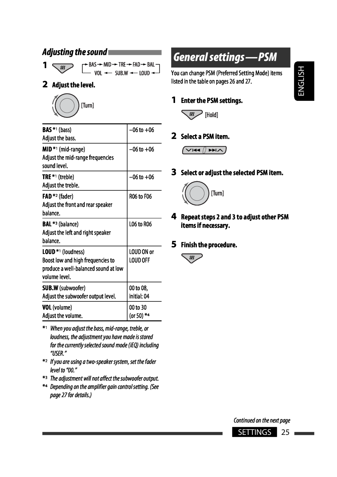 JVC KD-G731 manual General settings-PSM, Settings, Adjusting the sound, Adjust the level, Enter the PSM settings 