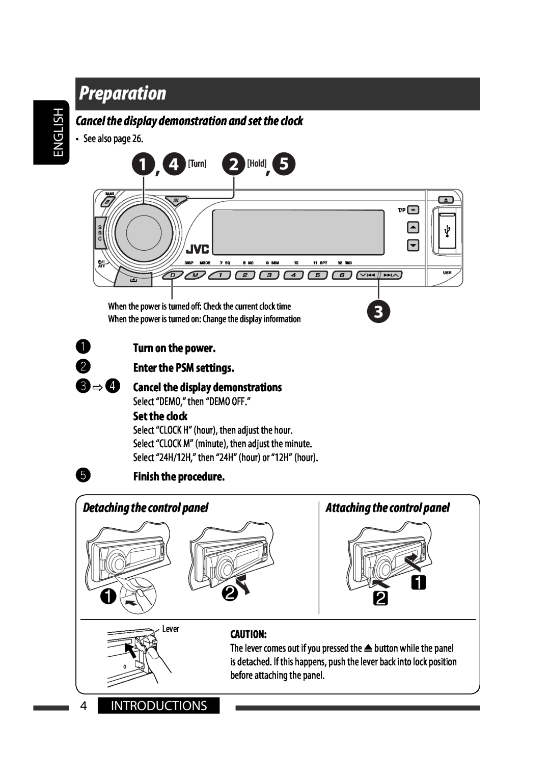JVC KD-G731 Preparation, Detaching the control panel, 4INTRODUCTIONS, ~Turn on the power ŸEnter the PSM settings, English 