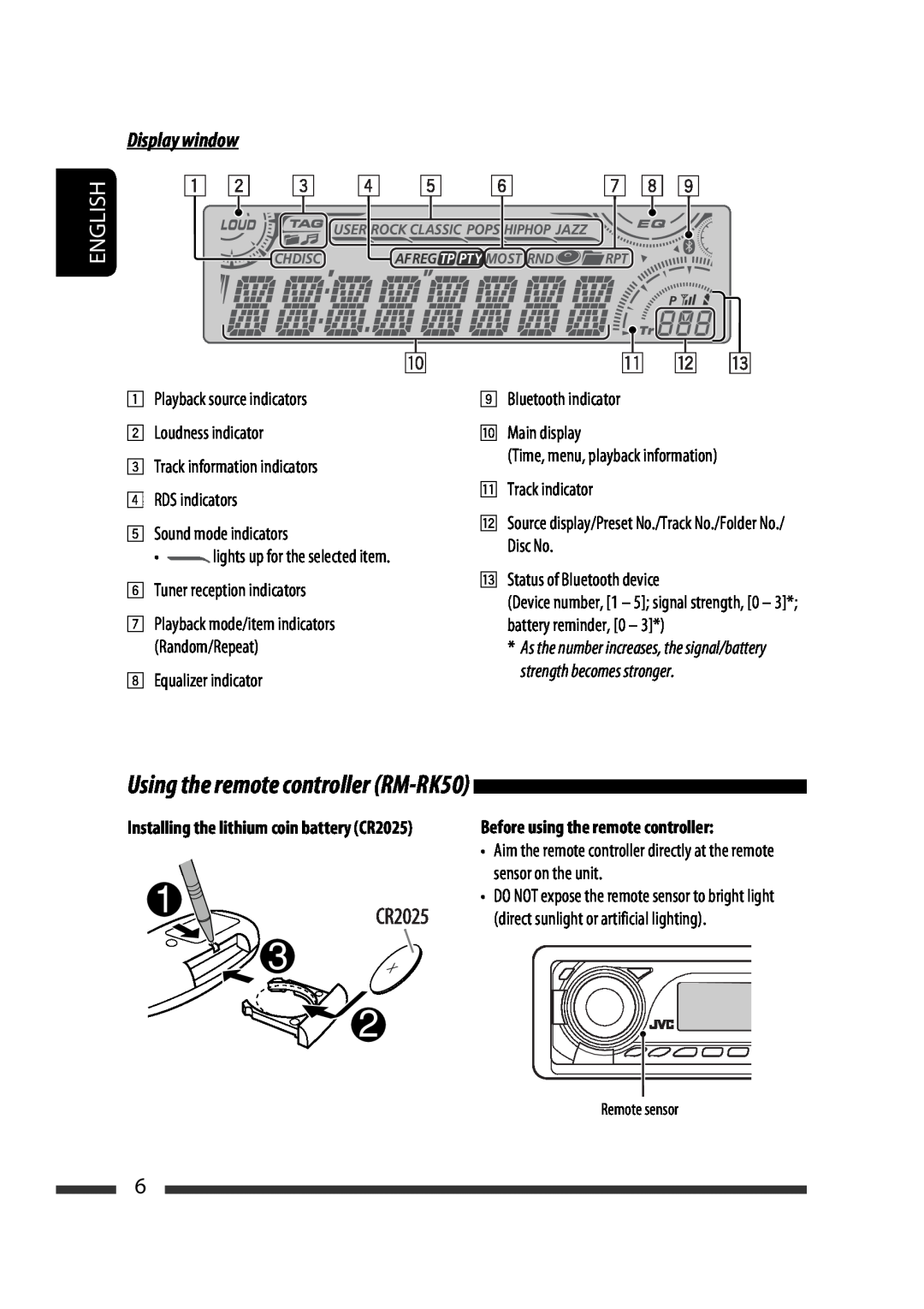 JVC KD-G731 manual Display window, Using the remote controller RM-RK50, Before using the remote controller, English 