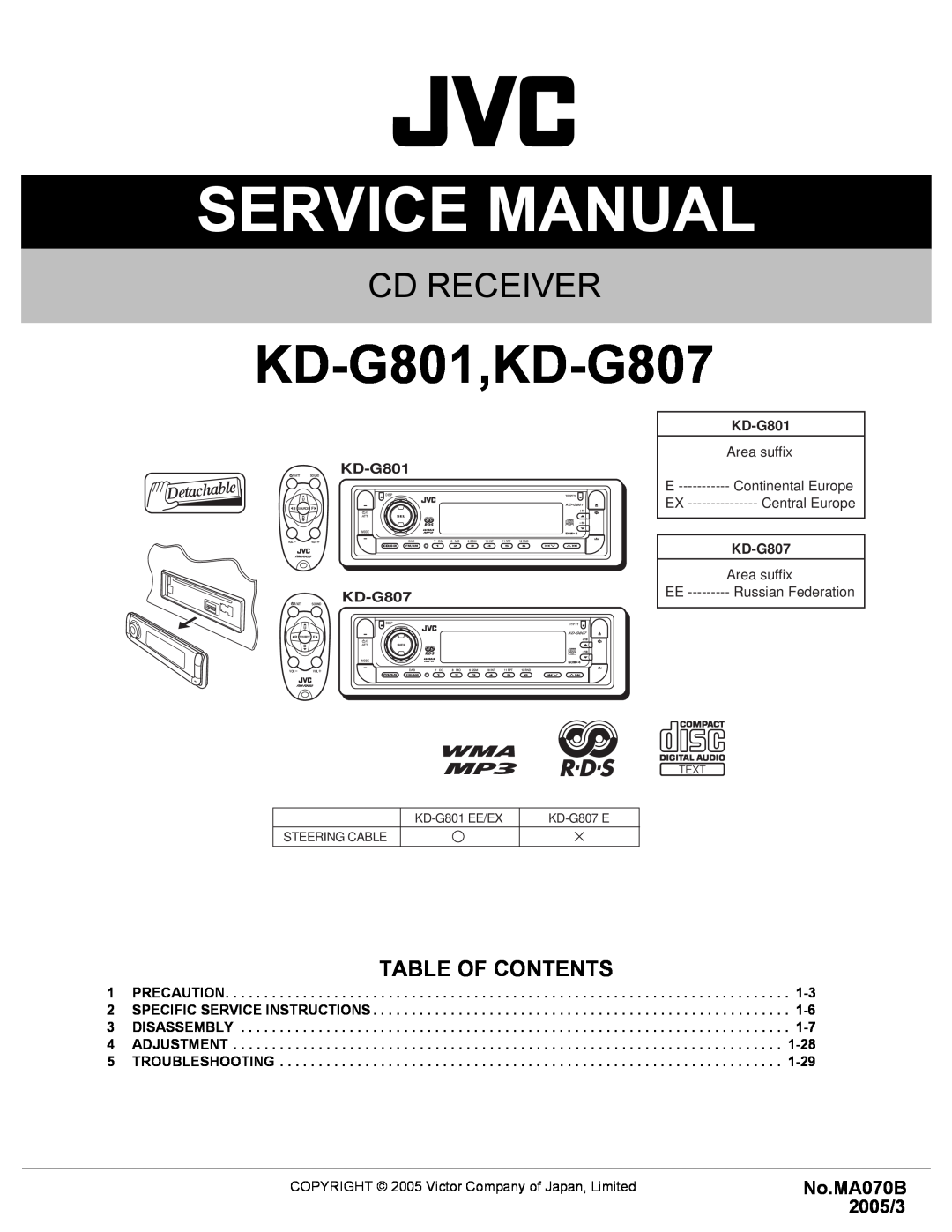 JVC service manual No.MA070B 2005/3, KD-G801,KD-G807, Cd Receiver, Table Of Contents 