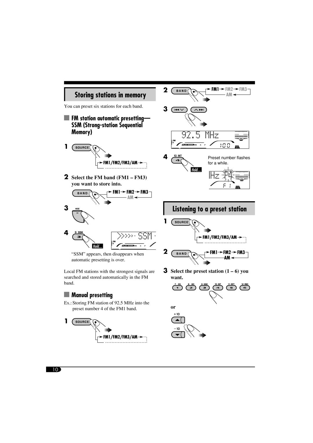 JVC KD-G814 manual SSM Strong-station Sequential Memory, Manual presetting, FM station automatic presetting 