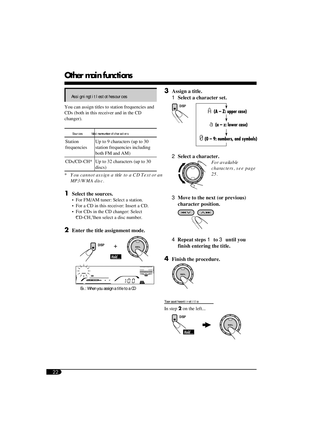 JVC KD-G814 manual Other main functions, Assigning titles to the sources, To erase the entire title, Sources 