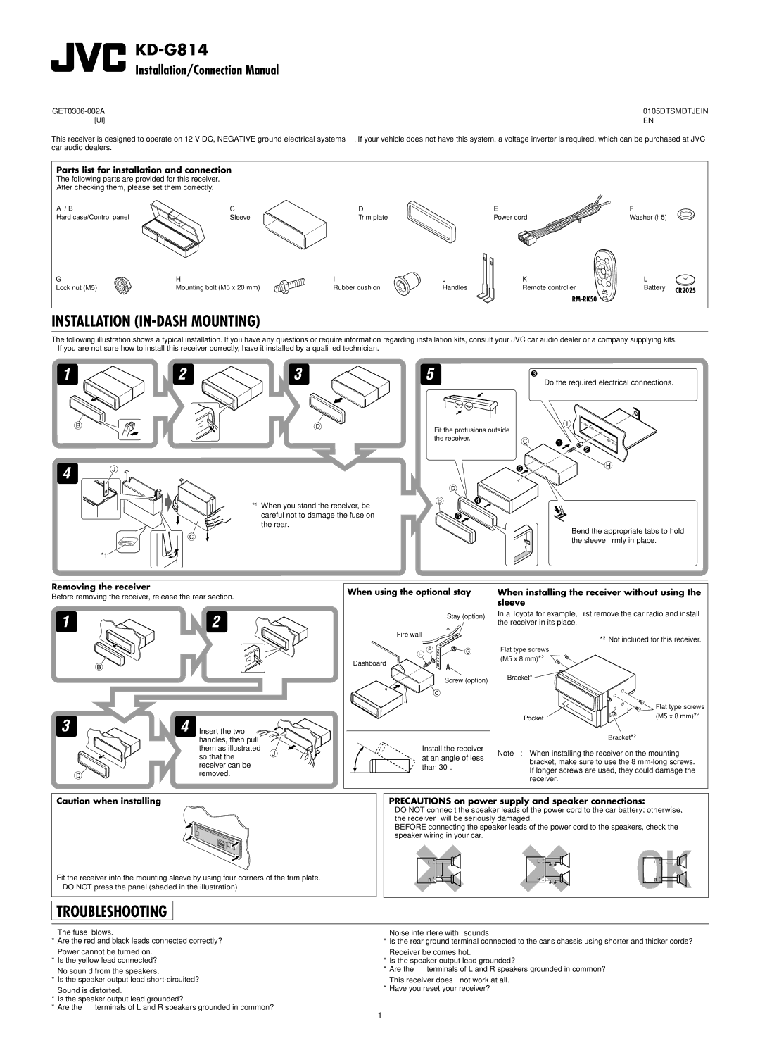 JVC KD-G814 manual Installation/Connection Manual 