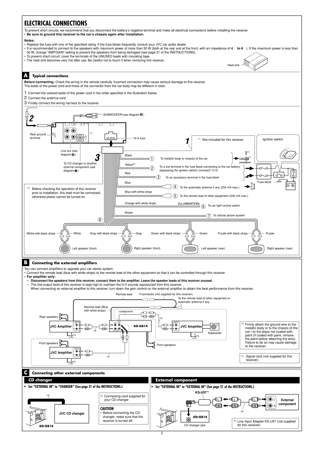 JVC KD-G814 manual Typical connections, Connecting the external ampliﬁers, Connecting other external components 