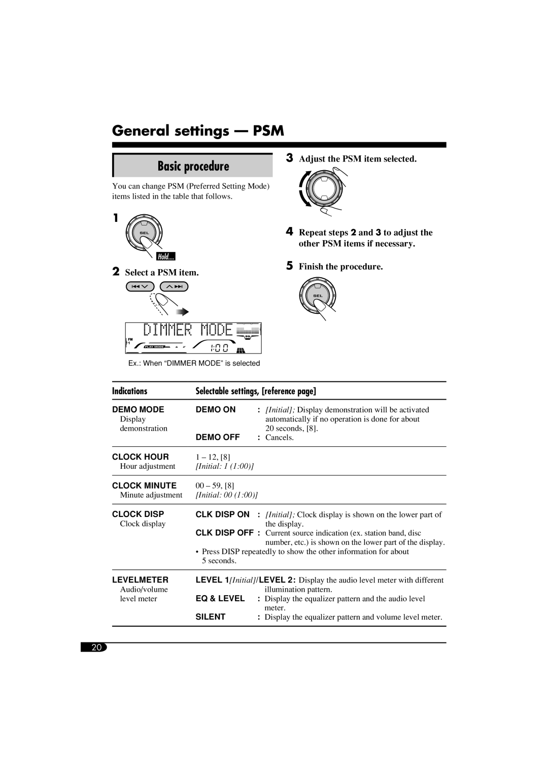 JVC KD-G814 General settings - PSM, Basic procedure, Adjust the PSM item selected, Repeat steps 2 and 3 to adjust the 