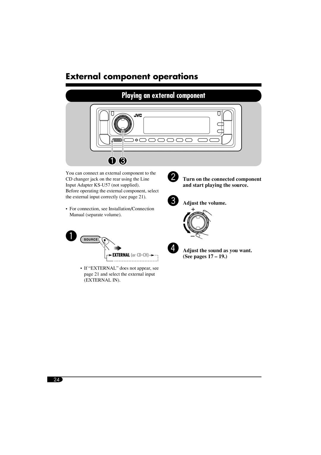 JVC KD-G814 manual External component operations, Playing an external component 