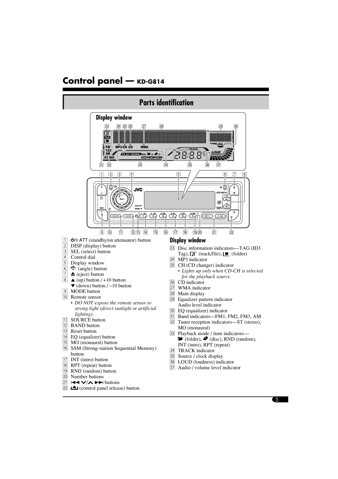 JVC manual Control panel - KD-G814, Parts identification, Display window 